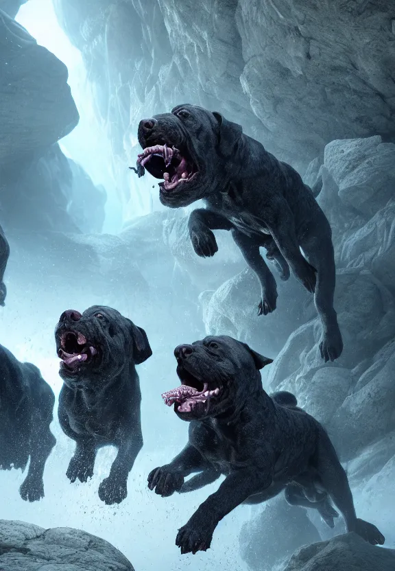 Prompt: three lovecraftian rabies mastiffs attacking inside a claustrophobic dark blue canyon of stone, foaming at the mouth, monsters, digital art, greg rutkowski, unreal engine, octane render, cinematic lighting, highly detailed