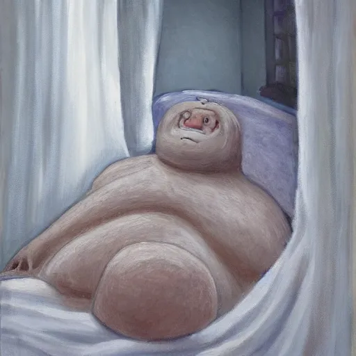 Prompt: ice crystal golem laying down in an old hospital room. He is hooked up to a multitude of IV's. He is looking out the window draped in white lace curtains. The room is completely white. oil on canvas