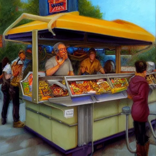 Prompt: Hot-dog stand seller, fantasy D&D, portrait art by Donato Giancola and James Gurney, digital art, trending on artstation