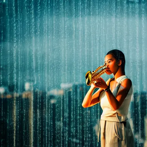 Prompt: a woman playing the saxophone on the roof of a building while it's raining, photo, golden hour