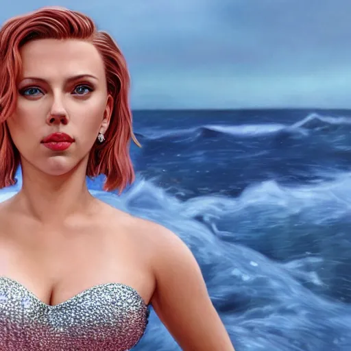 Image similar to scarlett johansson in a mermaid outfit, highly detailed face, 8 k