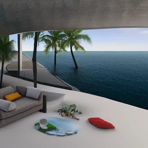 Image similar to “ a realistic model of a house floating on the beach, 8 k render designed by norman foster, high - tech design ”