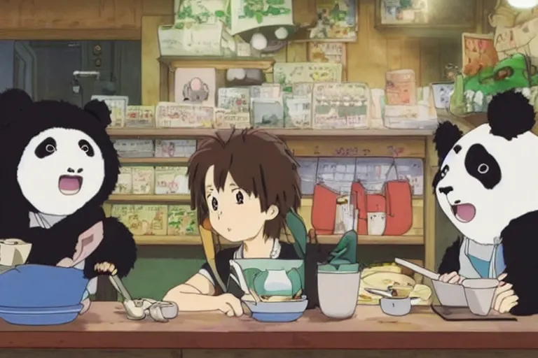 Image similar to studio ghibli anime film ham panda, about a girl and her best panda friend working at a deli, miyazaki movie