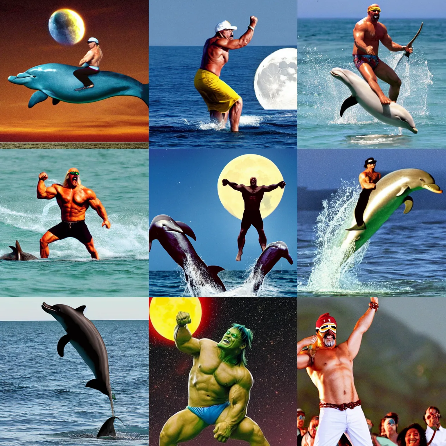 Prompt: A photo of Hulk Hogan riding a dolphin over the moon