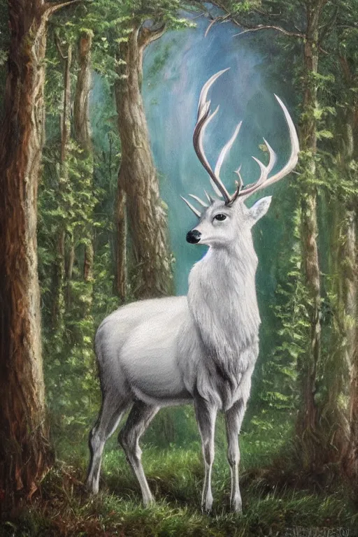 Image similar to an oil painting of the king of the forest: a white stag, beautiful, fantasy, hyper realistic, dramatic lighting