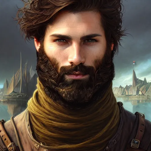 Image similar to brown haired rogue, portrait, rugged, muscular, bearded, male, city landscape, norway, d & d, fantasy, intricate, elegant, highly detailed, digital painting, brown and gold color palette, cloth, octane render, concept art, matte, sharp focus, illustration, herrarthstone, art by artgerm and greg rutkowski and alphonse mucha