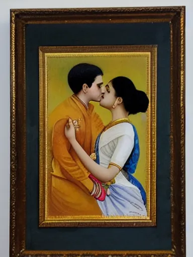 Prompt: water color painting, artwork by raja ravi varma, of a solo individual portrait of a guy and a girl kissing, dapper, simple illustration, nostalgic, in love, full of details