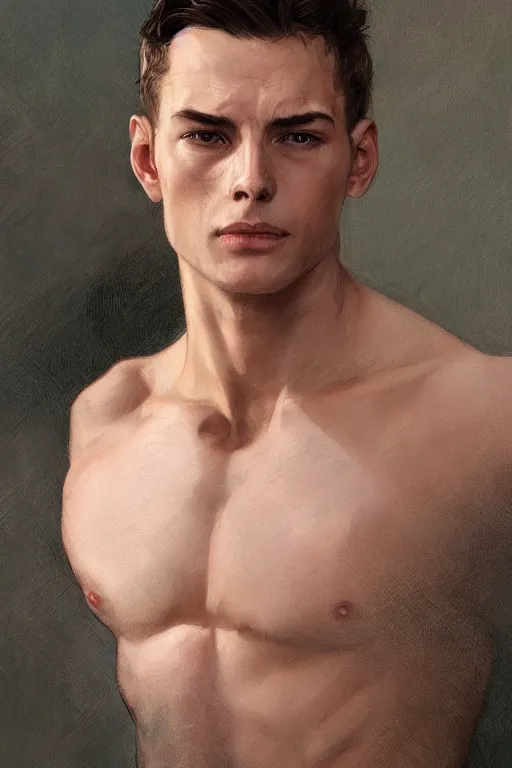 Prompt: Young man, no beard, muscular upper body, D&D, fantasy, realistic physic, accurate hyper-realistic body, elegant, highly detailed, digital painting, artstation, concept art, smooth, sharp focus, illustration, art by artgerm and greg rutkowski and alphonse mucha