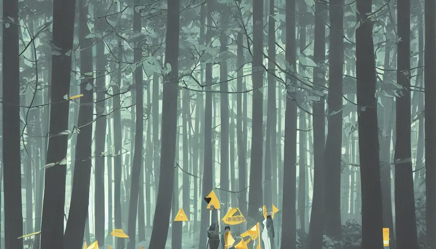 Image similar to safety cones scattered around an oak tree forest, by james jean by ilya kuvshinov kintsugi, hyper detailed surrealist painting, beautiful lighting