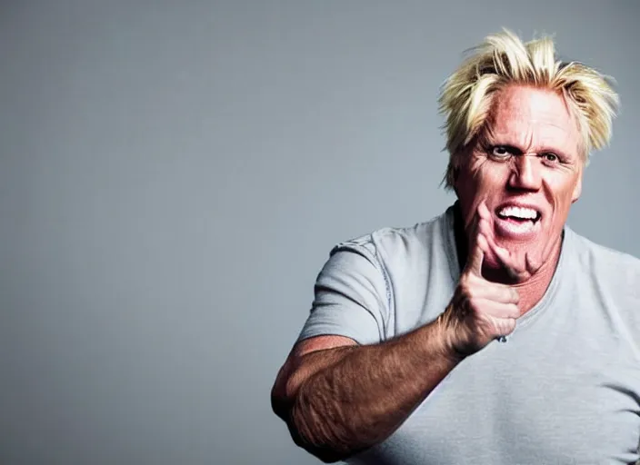 Prompt: studio portrait photo still of gary busey!!!!!!!! at age 5 3 years old 5 3 years of age!!!!!!! screaming at a desktop computer, 8 k, 8 5 mm f 1. 8, studio lighting, rim light, right side key light