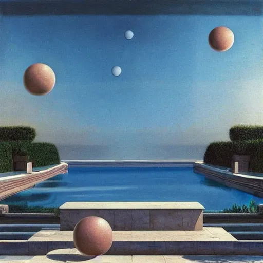 Image similar to David Ligare masterpiece, hyperrealistic surrealism, award winning masterpiece with incredible details, beautiful lighting, pool caustics, illuminated orbs, epic stunning, infinity pool, a surreal vaporwave liminal space, highly detailed, trending on ArtStation, broken giant marble head statue ruins, calming, meditative, geometric liminal space, palm trees, very vaporwave, very very surreal, sharp details