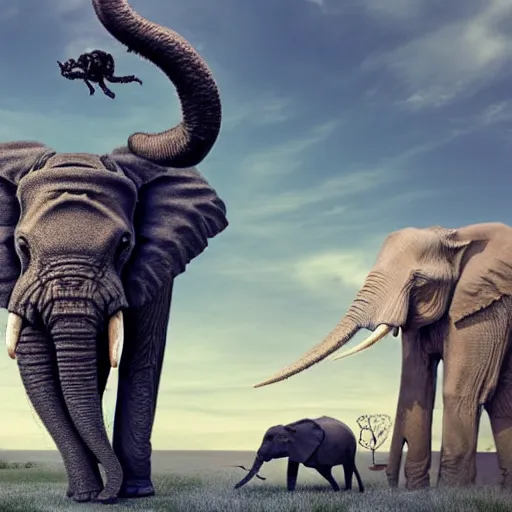 Prompt: a giant spider eating an elephant