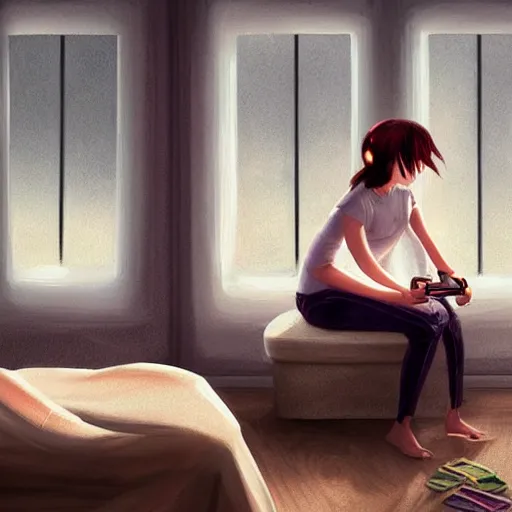 Image similar to Epic portrait a woman playing videogames in her room during nighttime, blurred backround, city window view, white t shirt and brown bang hair, digital painting, artstation, concept art, soft light, hdri, smooth, sharp focus, illustration, fantasy, intricate, elegant, highly detailed, D&D, matte painting, in the style of Greg Rutkowski and Alphonse Mucha and artemisia, 8k, highly detailed, jurgens, rutkowski, bouguereau, pastoral, rustic, georgic