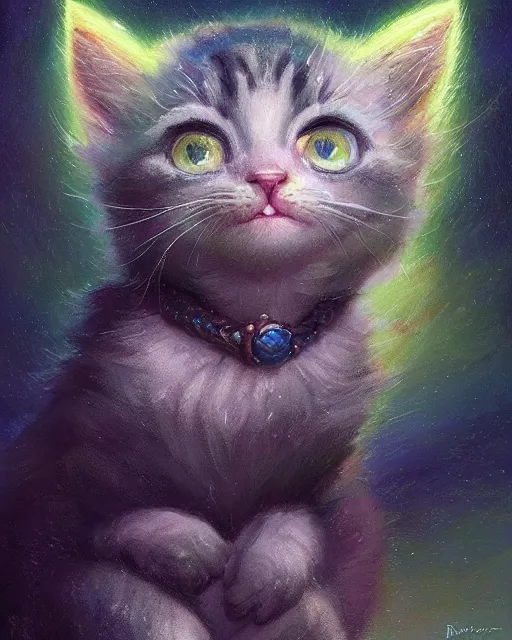 Image similar to an adorable kitten learning magic | highly detailed | very intricate | symmetrical | fantasy and whimsical and magical | soft cinematic lighting | disney pixar | award - winning | painted by donato giancola and paul lehr and ross tran | pastel color palette | featured on artstation