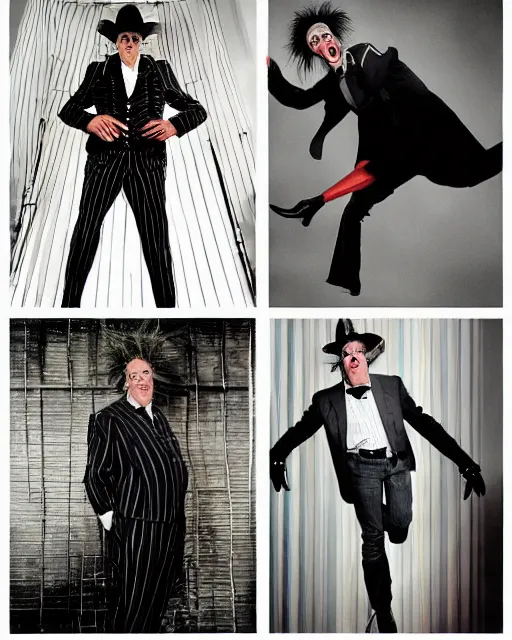 Image similar to photoshoot of michael keaton as beetlejuice, photoshoot in the style of annie leibovitz