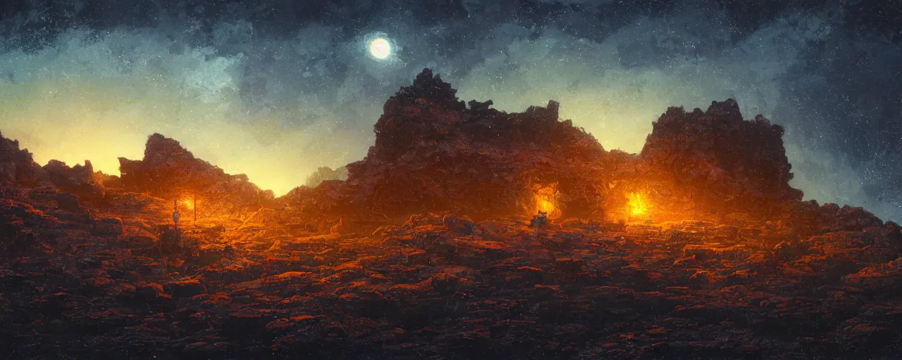 Prompt: ” barren rocky landscape at night, [ cinematic, detailed, epic, widescreen, opening, establishing, mattepainting, photorealistic, realistic textures, octane render, art by paul lehr ] ”