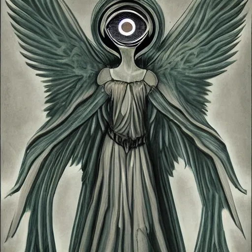 Image similar to giant imposing seraphim with many eyes and many wings, eyes everywhere, glowing, terrifying