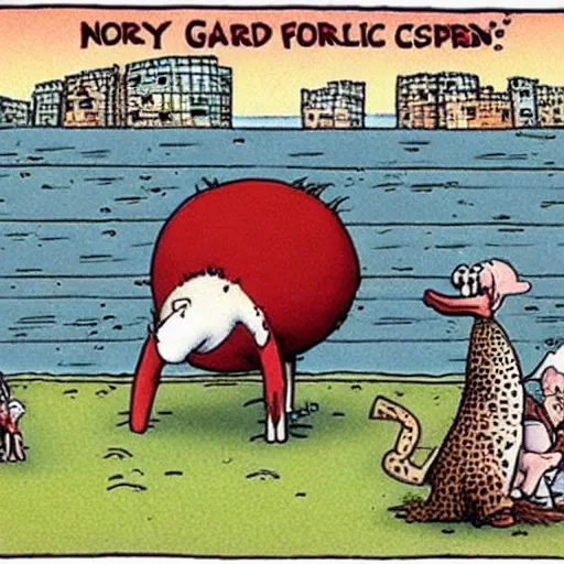 Image similar to a hilarious comic, gary larson, the far side, newspaper comic