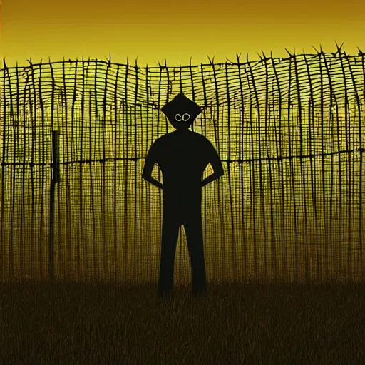 Image similar to scared man standing in front of a fence with barbed wire, by jeffrey smith, tim biskup, behance contest winner, wallpaper, digital illustration