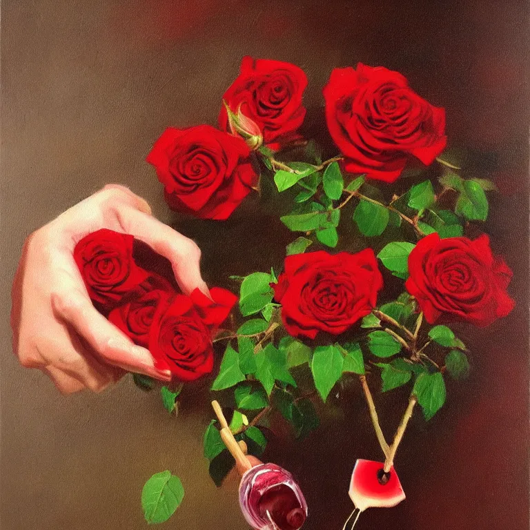 Prompt: a drop of red blood fell from the finger of the woman's hand and falls down a bush with roses, oil painting style,