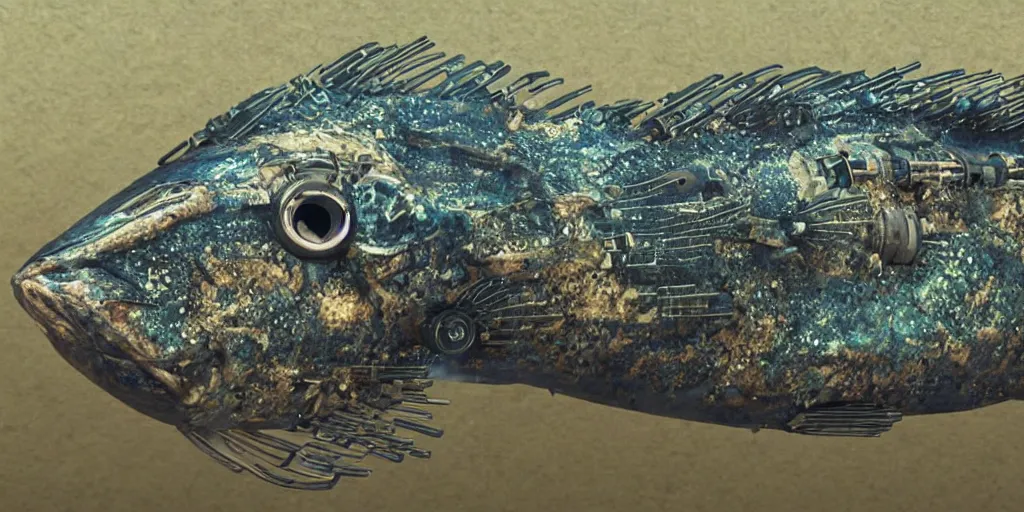 Image similar to low - angle medium shot of an steampunk tetrapod trigger fish from the future on its first day of driver's ed learning to parallel park. 8 k, 4 k, hq, 3 d render, digital art, dramatic lighting, comedy, science fiction, hyper realistic, ultra detailed. style of arrival, fifth element.