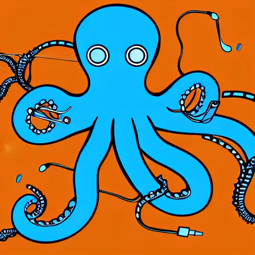 Image similar to detailed, intricate, colour, comic style illustration of a robotic octopus with audio jack cable tentacles, inside a huge music studio cave