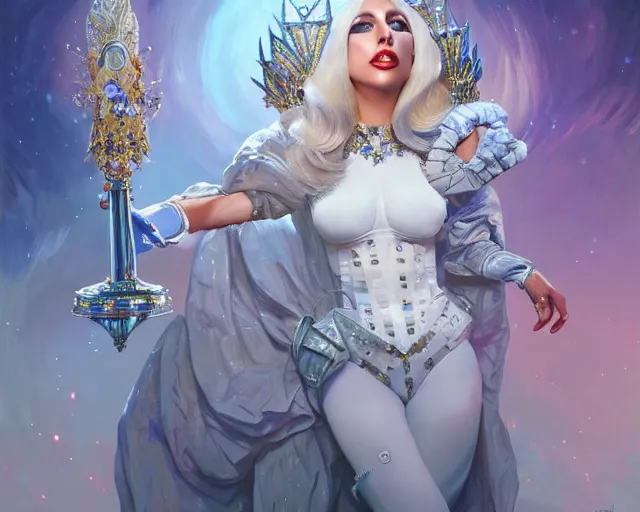 Image similar to lady gaga as miss universe, 8 k, deep focus, d & d, fantasy, intricate, elegant, highly detailed, digital painting, artstation, concept art, matte, sharp focus, illustration, hearthstone, art by artgerm and greg rutkowski and alphonse mucha