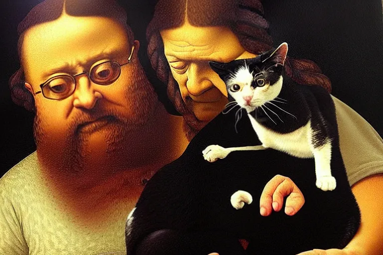 Image similar to a portrait of bubbles from trailer park boys holding a cat. oil painting by leonardo da vinci