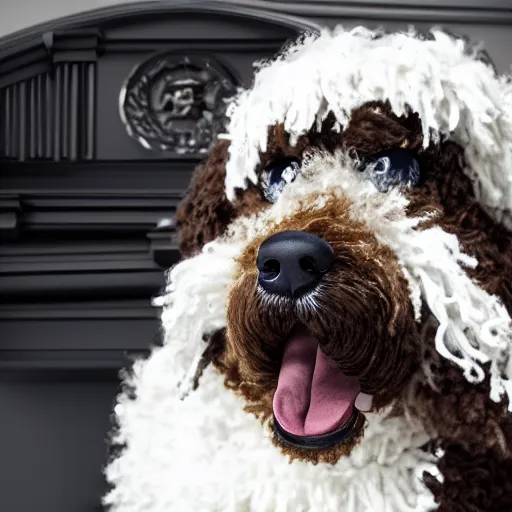 Image similar to a closeup photorealistic photograph of a cute smiling knitted bernedoodle judge dog dressed in a black gown, presiding over the courthouse. indoors, professional capture, well lit shot. this 4 k hd image is trending on artstation, featured on behance, well - rendered, extra crisp, features intricate detail, epic composition and the style of unreal engine.