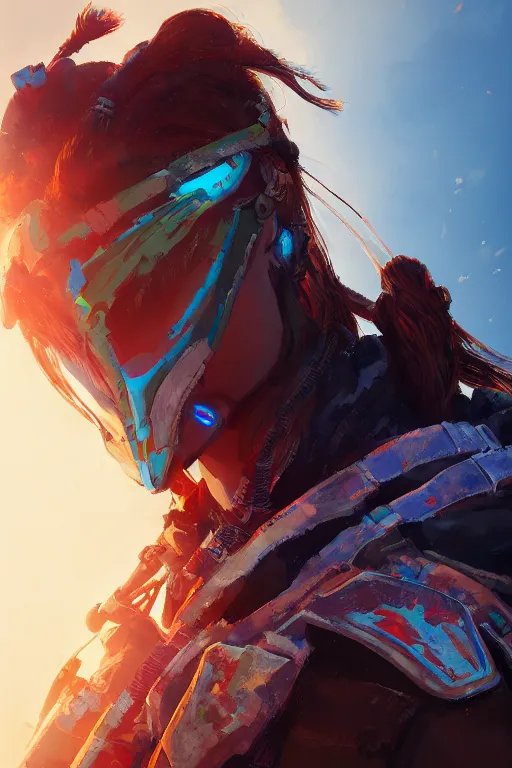 Image similar to combination suit armor aloy horizon forbidden west horizon zero dawn radiating a glowing aura global illumination ray tracing hdr fanart arstation by ian pesty and alena aenami artworks in 4 k tribal robot ninja mask helmet backpack