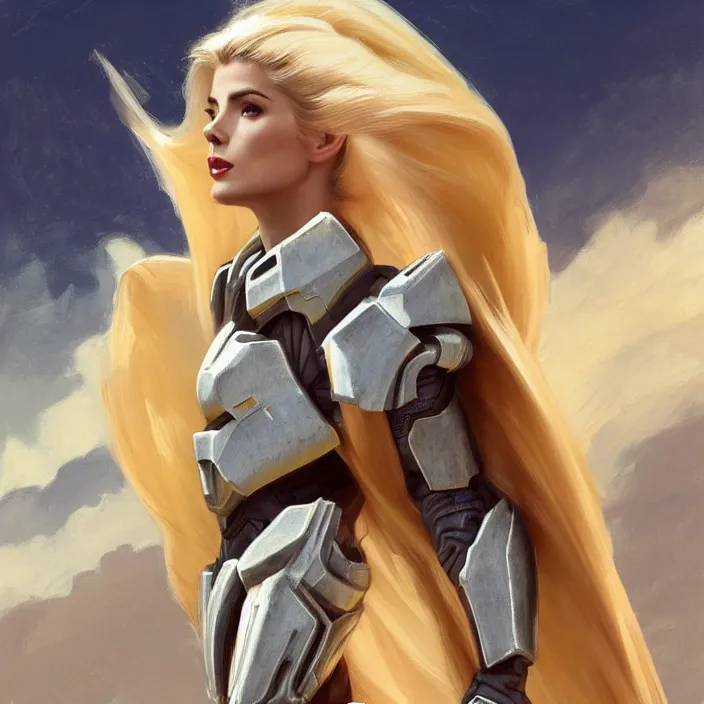 Image similar to A combination of Adriana Dxim's and Grace Kelly's and Ashley Greene's appearances with blonde hair wearing Forerunner armor from Halo, countryside, calm, fantasy character portrait, dynamic pose, above view, sunny day, thunder clouds in the sky, artwork by Jeremy Lipkin and Giuseppe Dangelico Pino and Michael Garmash and Rob Rey and Greg Manchess and Huang Guangjian, very coherent asymmetrical artwork, sharp edges, perfect face, simple form, 100mm