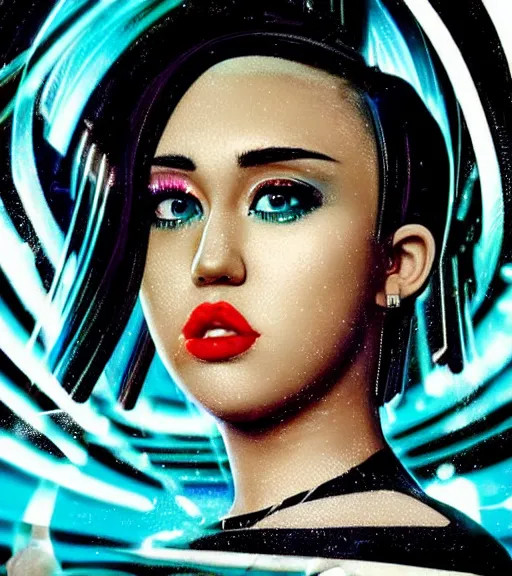 Prompt: beautiful closeup portrait of a black bobcut hair style futuristic miley cyrus in a blend of 8 0 s anime - style art, augmented with vibrant composition and color, filtered through a cybernetic lens, by hiroyuki mitsume - takahashi and noriyoshi ohrai and annie leibovitz, dynamic lighting, flashy modern background with black stripes