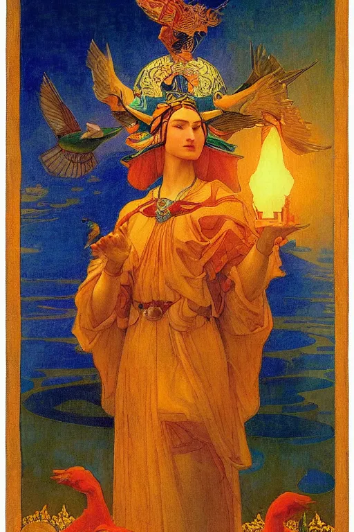 Prompt: queen of the dawn with her lantern and birds, by Nicholas Roerich and jean delville and Annie Swynnerton, elaborate headdress and embroidered velvet, iridescent beetles, rich color, dramatic cinematic lighting, extremely detailed