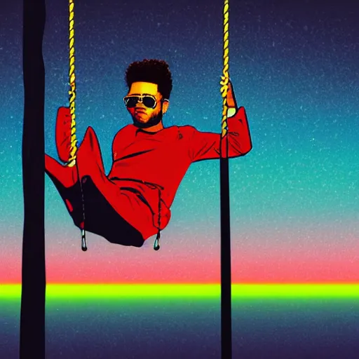 Prompt: pop art of Weeknd wearing shorts swinging on a swing at night neon lights