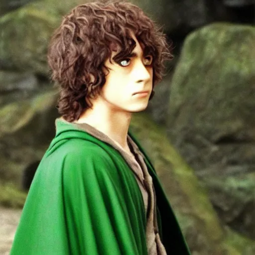 Image similar to peregrin took from the anime lord of the rings (1986), dark hair, green cape, hobbit, studio ghibli, very detailed, realistic