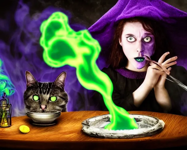 Image similar to close up portrait, scared teen witch mixing a spell in a cauldron, a cat is on the table, wispy green and purple smoke fills the air, a witch hat, cinematic, green glowing smoke is coming out of the cauldron, strange ingredients on the table, strange apothecary shelves in the background, scary stories to tell in the dark