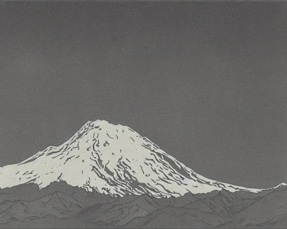 Image similar to achingly beautiful print of Mt. St. Helens, bathed in moonlight, by Hasui Kawase and Lyonel Feininger.