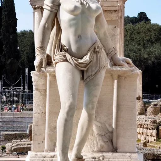 Prompt: marble statue in roman forum depicting wonder woman