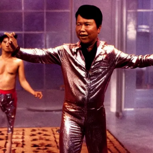 Image similar to A movie still of Pol Pot wearing a disco suit in Satuday Night Fever