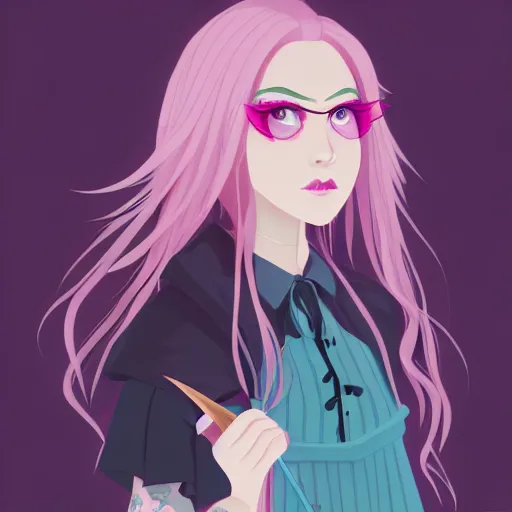 Prompt: A young adult witch with a cottage-core aesthetic with rose-colored hair and teal clothing, Nobutaka Ike, character design, fantasy, 8k resolution