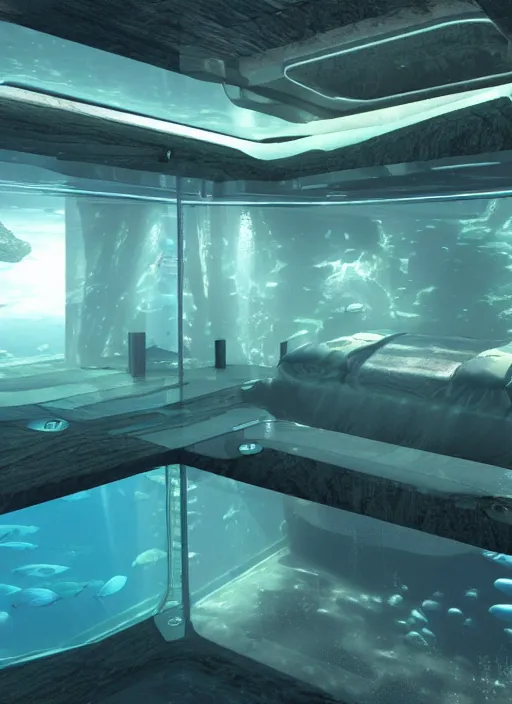 Image similar to a futuristic sci - fi underwater chamber with mirrored walls