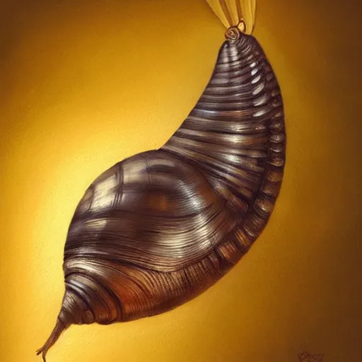 Prompt: snail with wings and feathers, in flight, oil painting, artstation, dramatic lighting, symmetry, beautiful