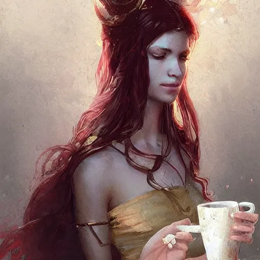 Image similar to pretty roman girl drinking coffee, extremely long hair, epic fantasy art by Greg Rutkowski