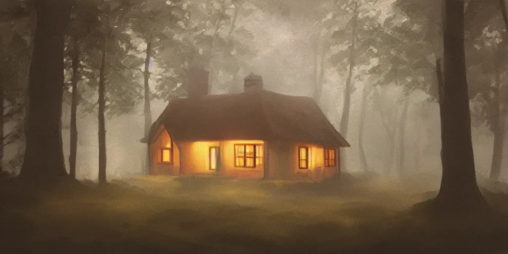 Image similar to a painting of a close up of a single cottage with a thached roof in the woods and empty woods, 8k, fantasy, hyper realistic, atmospheric lighting, cinematic