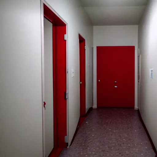 Image similar to two doors, one leads to a bathroom soaked in blue light, the other leads to a scary red hallway, vhs footage