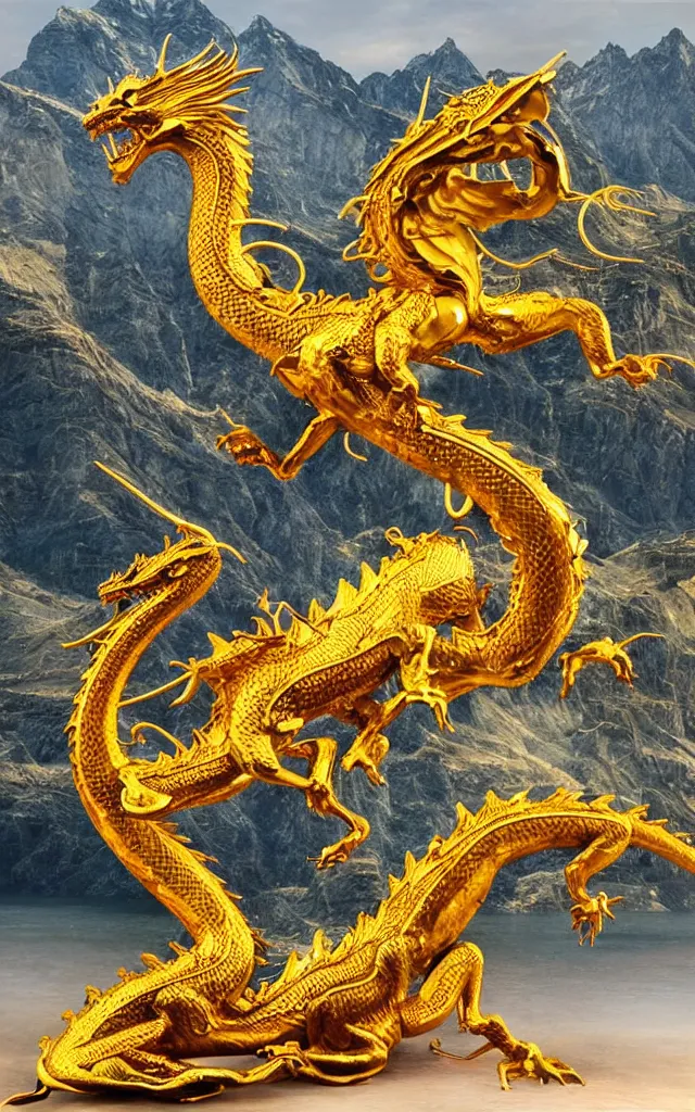 Image similar to a true photographic landscape and an unrivalled reality ， depicting a golden dragon