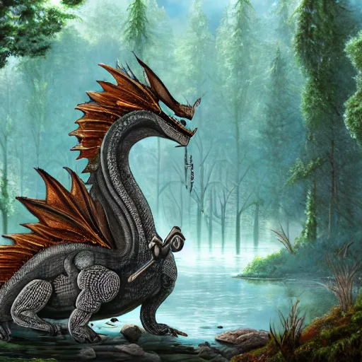 Prompt: a peaceful dragon idly standing in a forest, peacefully drinking river water, intricately defined, complexly detailed, robustly ordinated, artist concept art, artist interpretation, trending on artstation, digital art, 4 k quality
