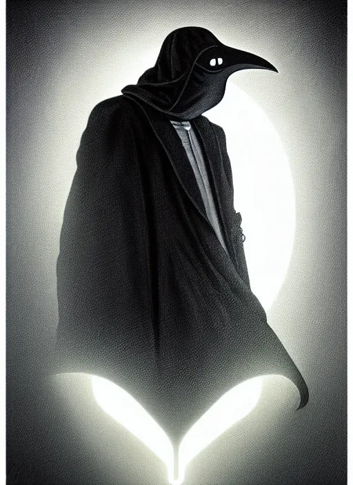 Image similar to symmetry!! portrait of plague doctor in tuxedo, fog, sci - fi -, cyberpunk, blade runner, glowing lights, tech, biotech, techwear!! intricate, elegant, highly detailed, digital painting, artstation, concept art, smooth, sharp focus, blur, short focal length, illustration, art by artgerm and greg rutkowski and alphonse mucha