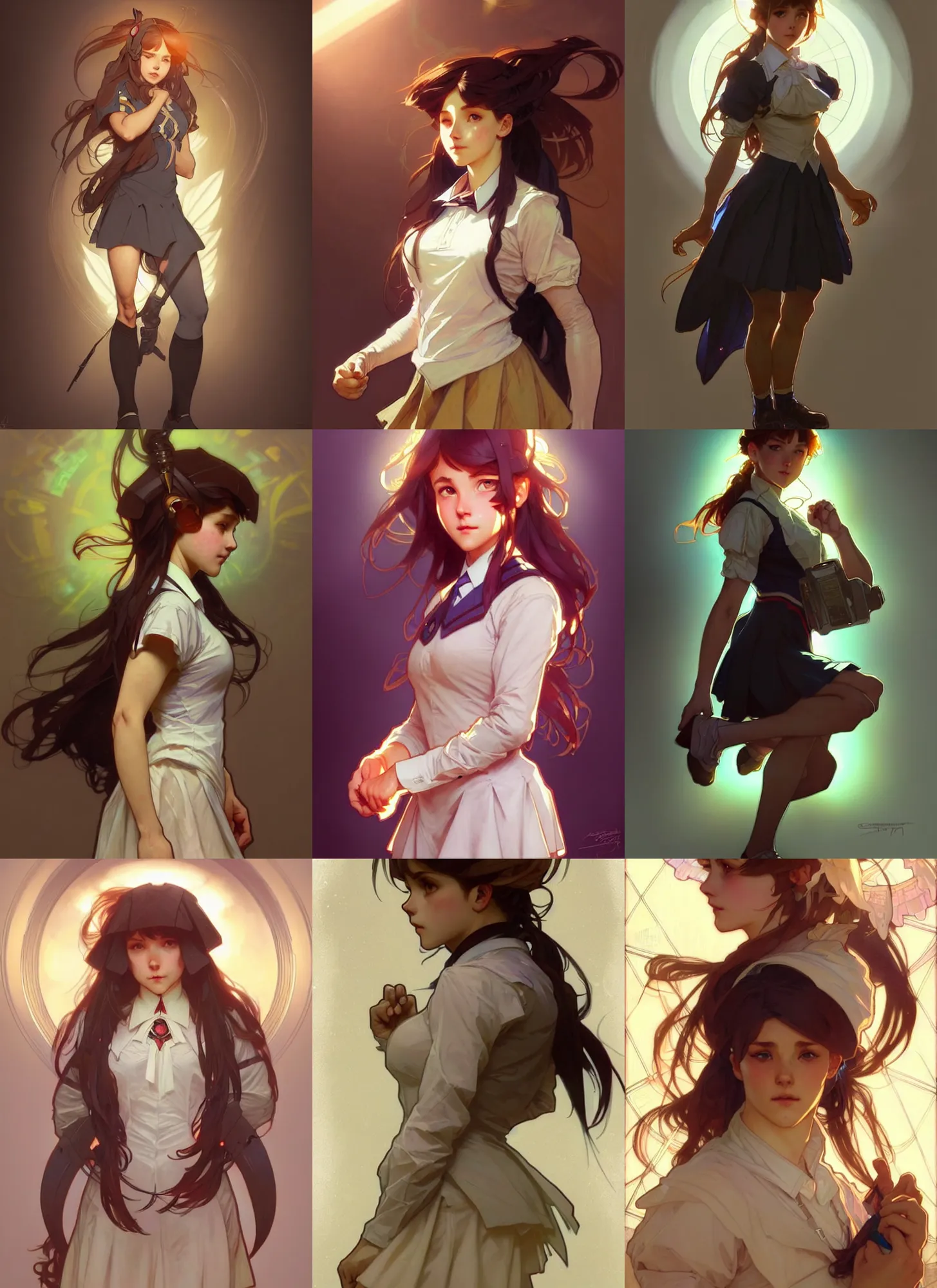 Image similar to a digital concept art by artgerm and greg rutkowski and alphonse mucha. clear portrait of a squatting attractive school girl in uniform!!, light effect. hyper detailed, character concept, glowing lights!! intricate, elegant, digital painting, artstation, smooth, sharp focus