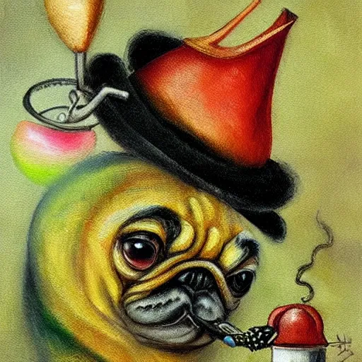 Image similar to pug caterpillar smoking hooka in wonderland, intricate detail, painting, jazz age, miro, royo, frazetta, whealan,